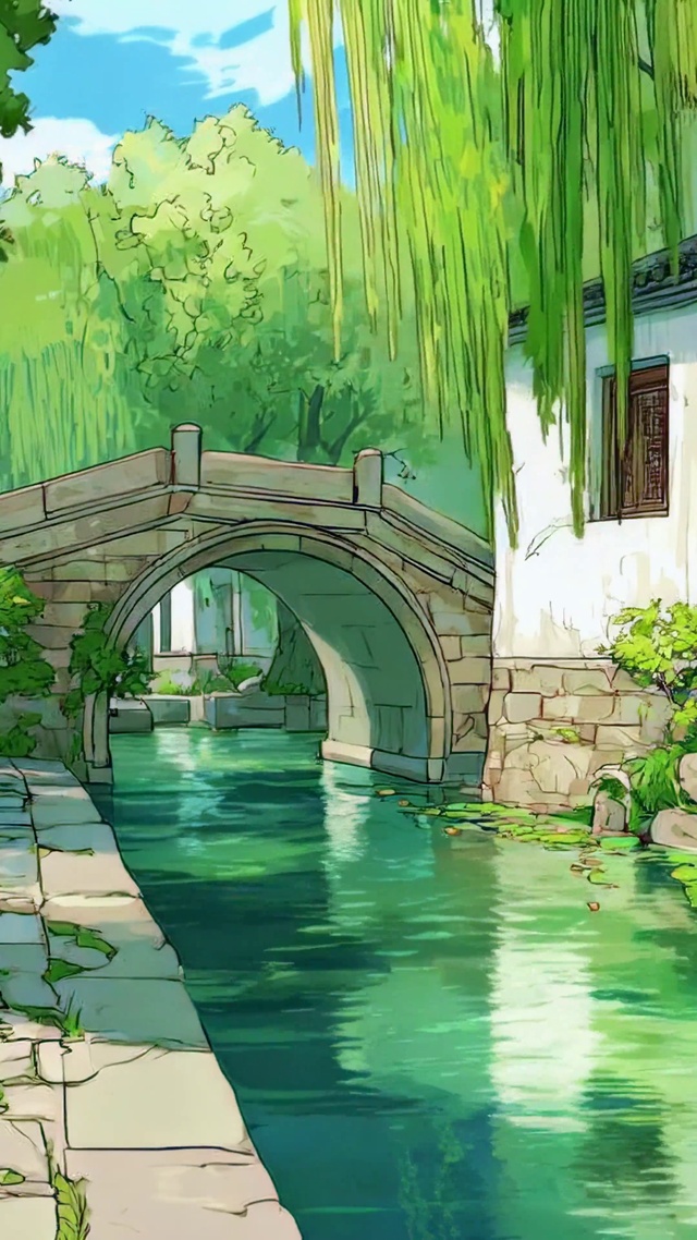 清新古风江南小桥流水风景