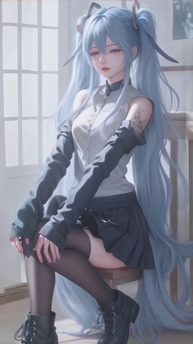 蓝色长发双马尾黑丝美少女