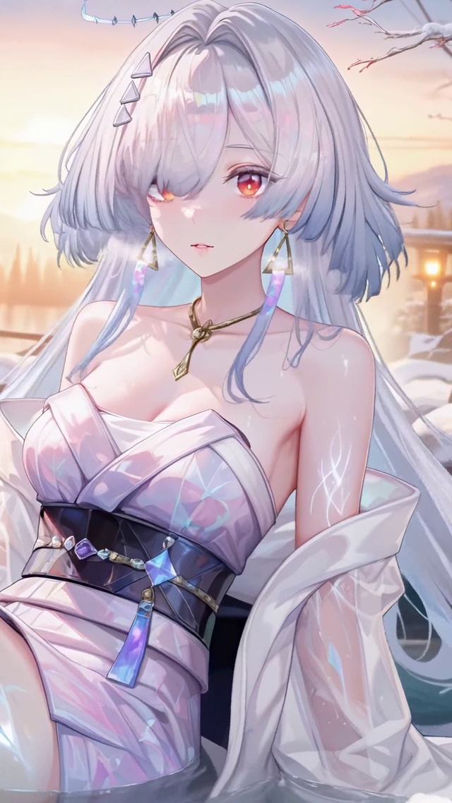冬日温泉银发美少女莫宁