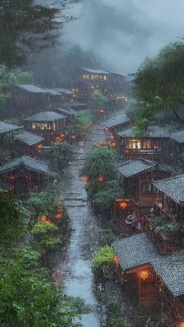 雨中小镇