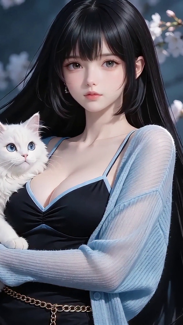 樱花树下抱猫少女
