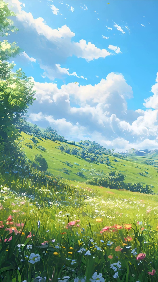 护眼蓝天白云树木草地