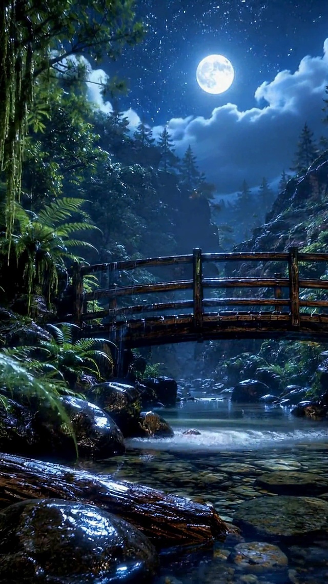 月夜山谷溪流治愈风景