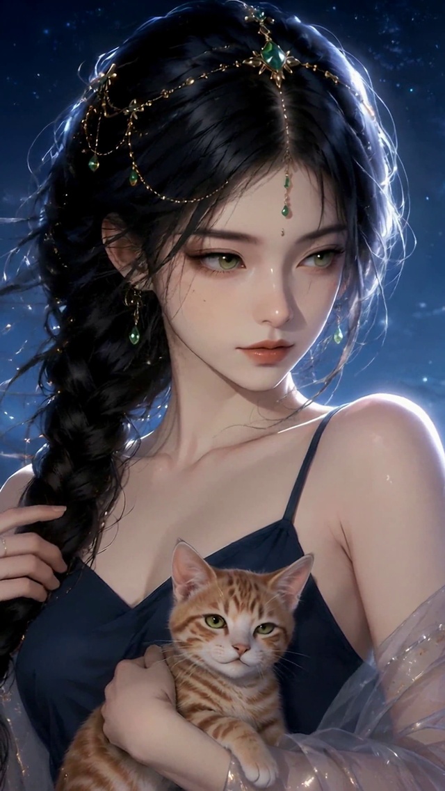 月夜露台抱猫清冷女神