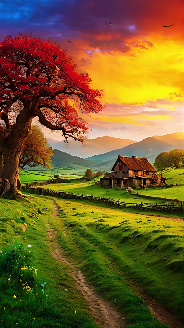 山村日落傍晚夕阳