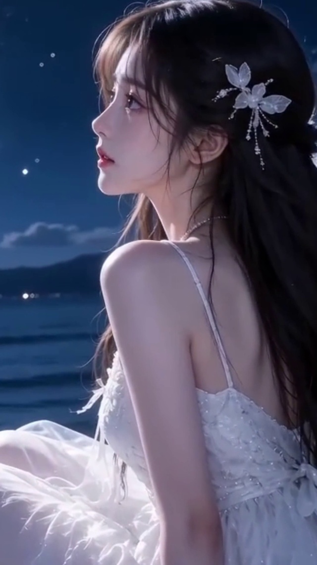 纯欲满月下的白裙少女