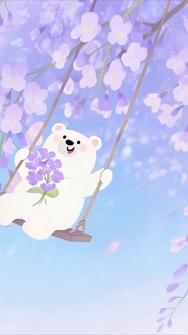 紫藤花下荡秋千的小熊