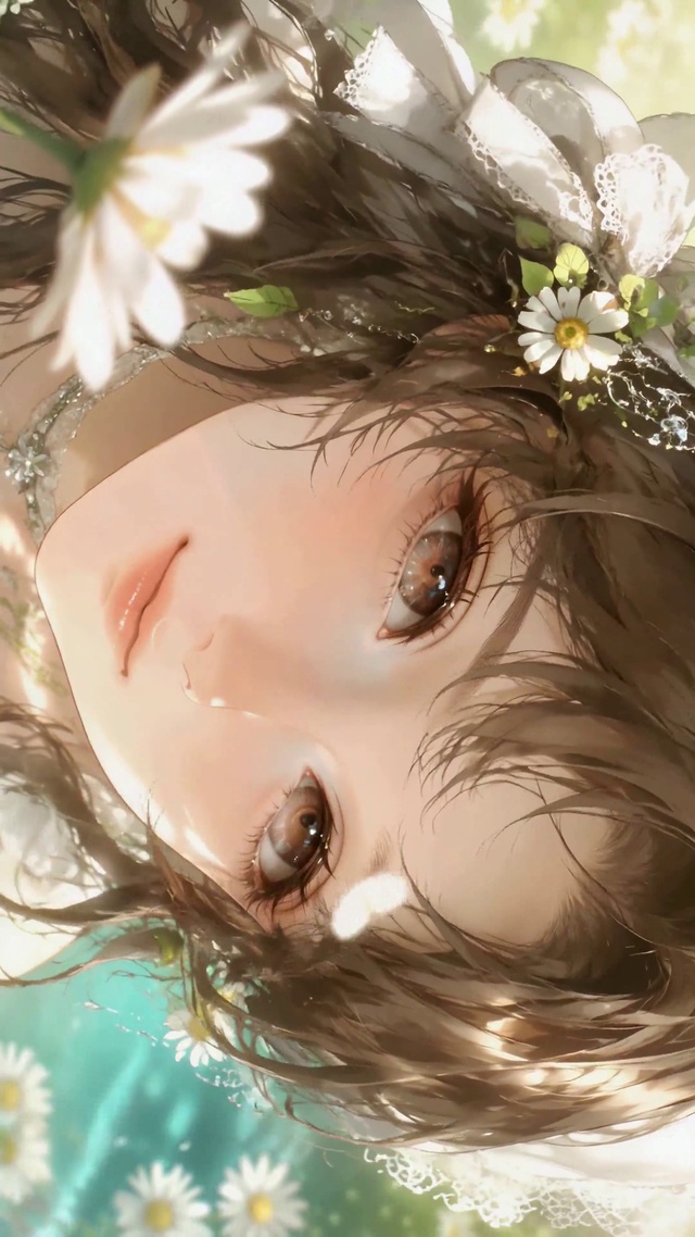阳光下雏菊旁的清新少女