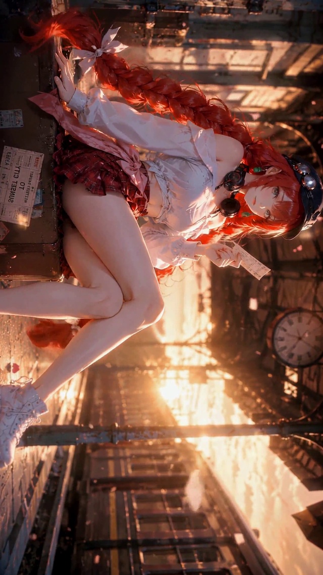 夕阳站台红发少女