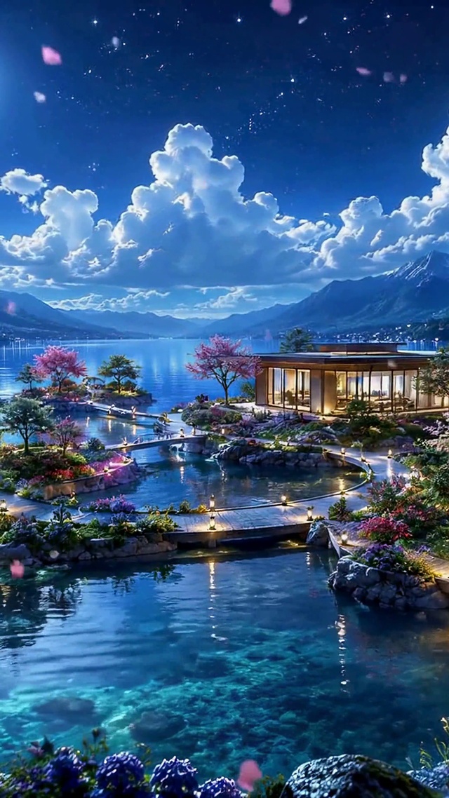 月夜湖畔梦幻樱花小岛