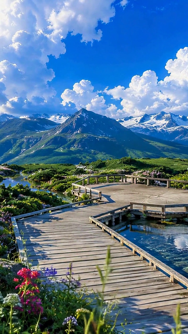 治愈蓝天下雪山湖畔风景