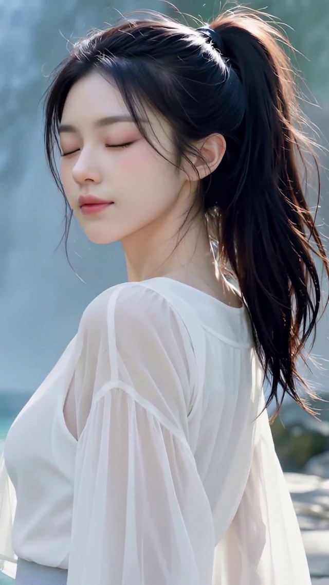 甜美少女瀑布侧影