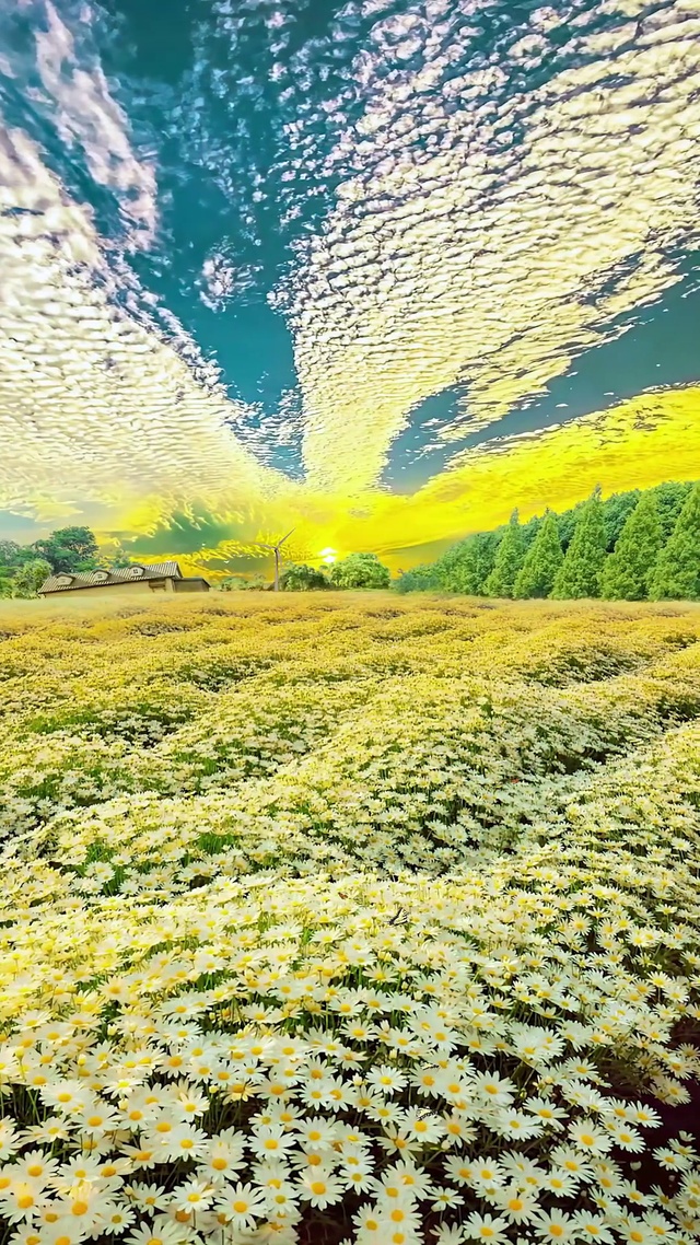 晚霞唯美雏菊花海