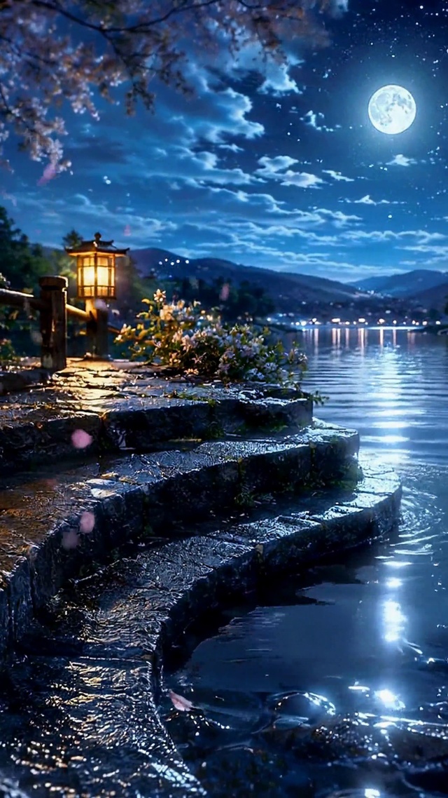 月夜湖畔星空樱花夜景