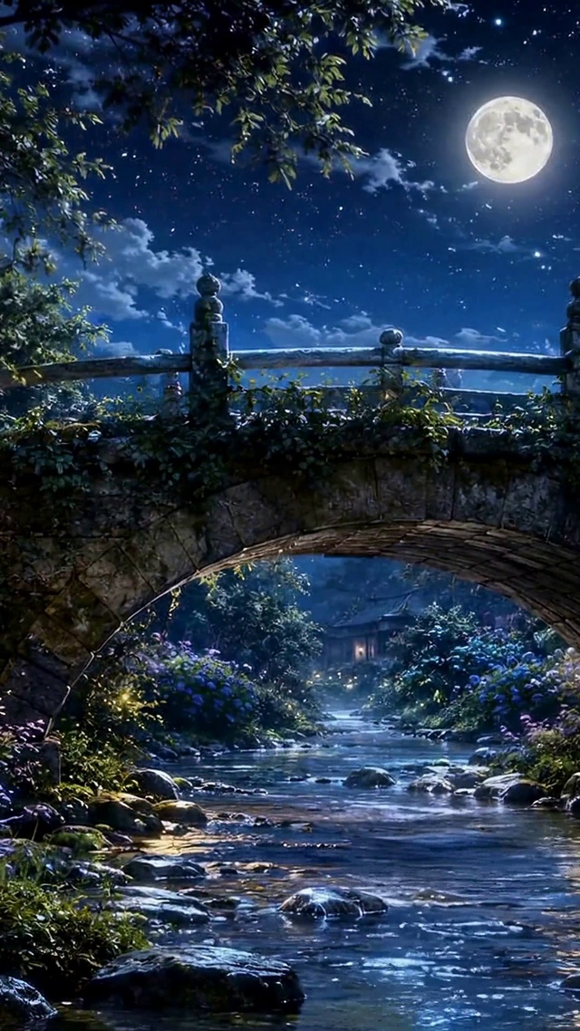 月夜星空溪流石拱桥