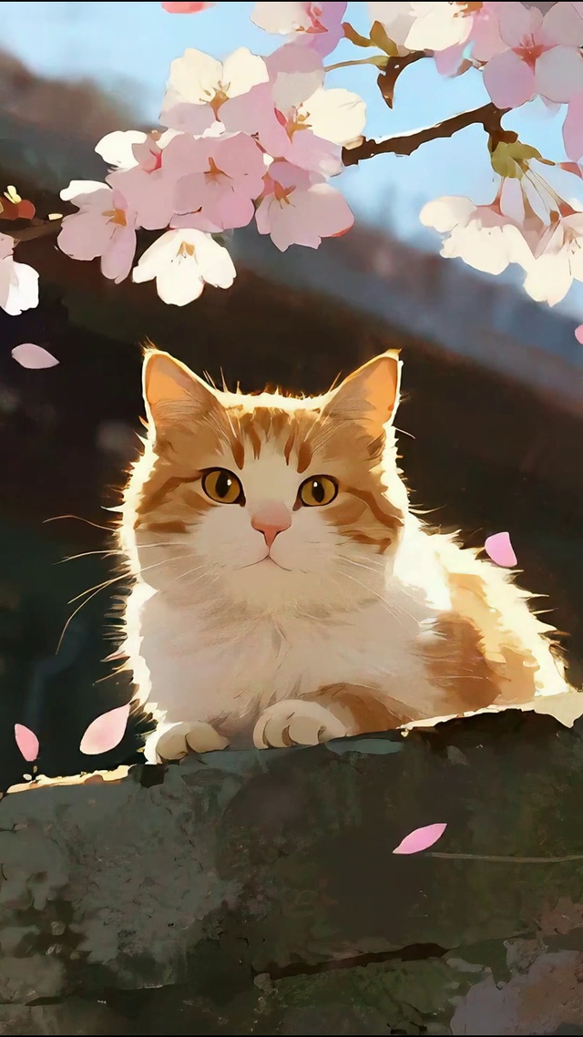 花枝下的胖橘猫