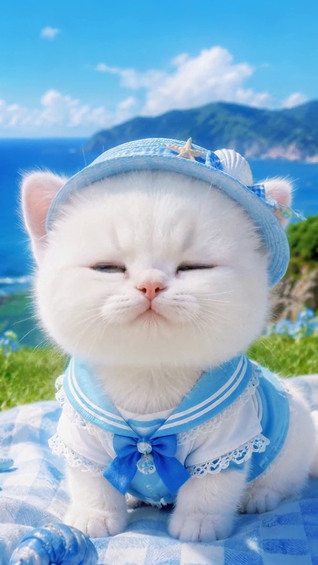 海岸野餐可爱小白猫