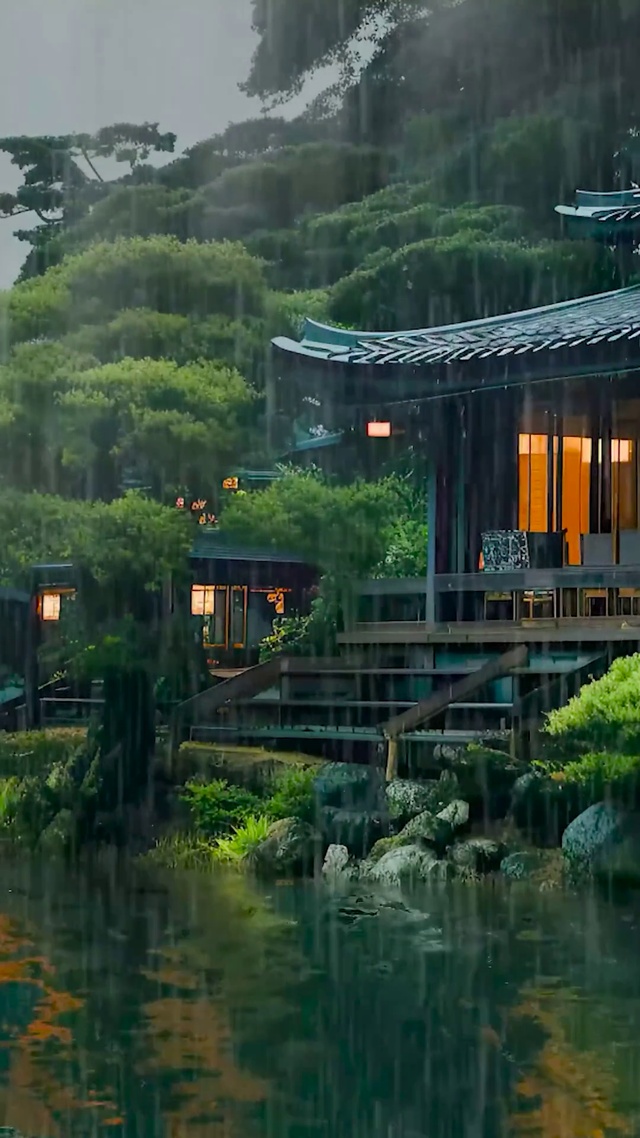 雨天湖边木屋