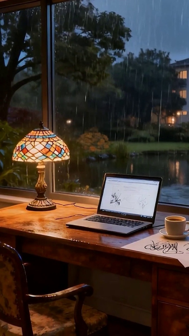 窗外雨天夜景