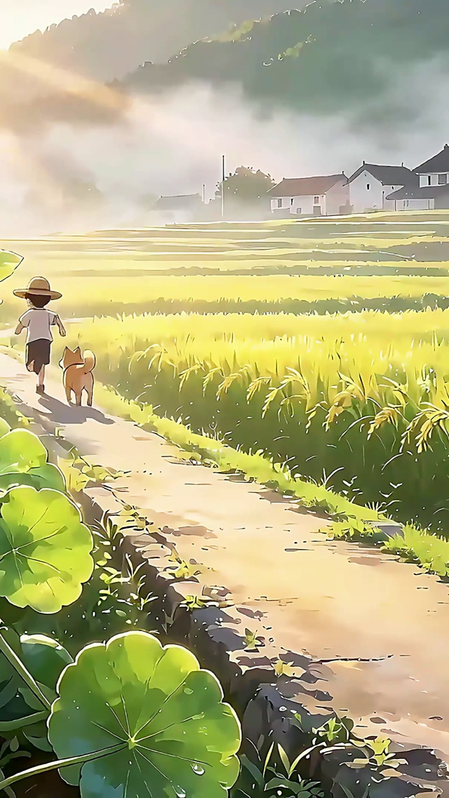 田园西瓜地的小孩与狗