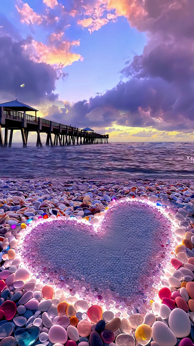 唯美的心型鹅卵石沙滩