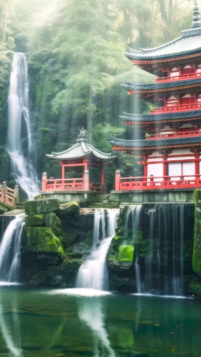 国风山水瀑布塔楼