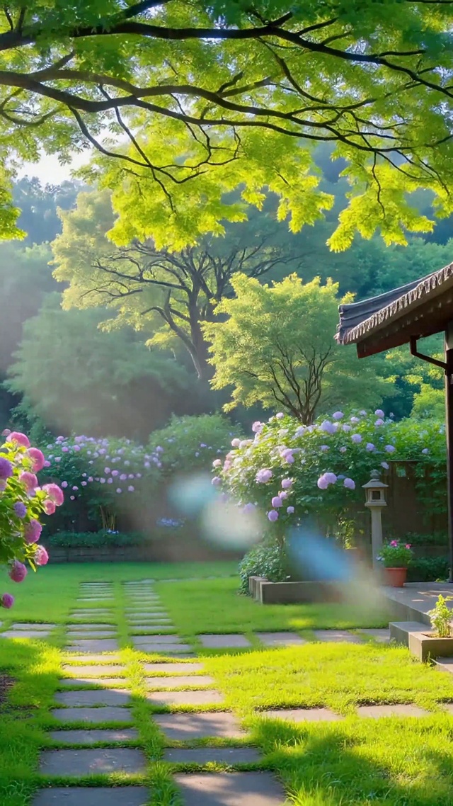 清晨阳光庭院风景