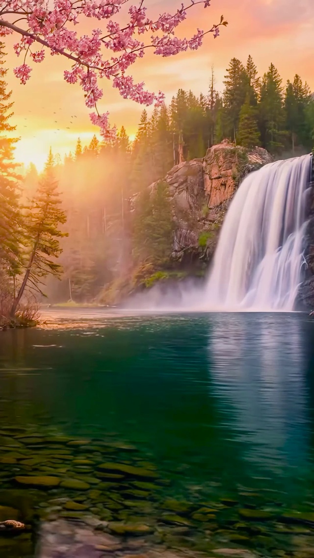 春天山水瀑布小屋