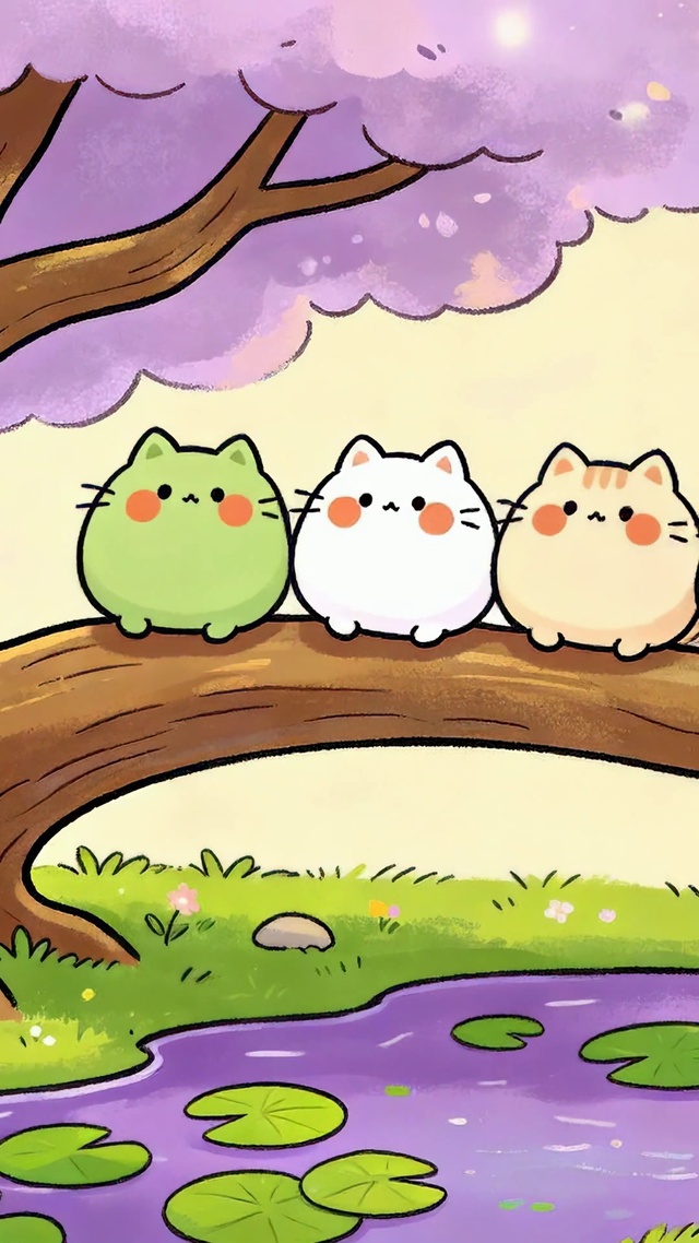 萌猫排排坐紫花树下