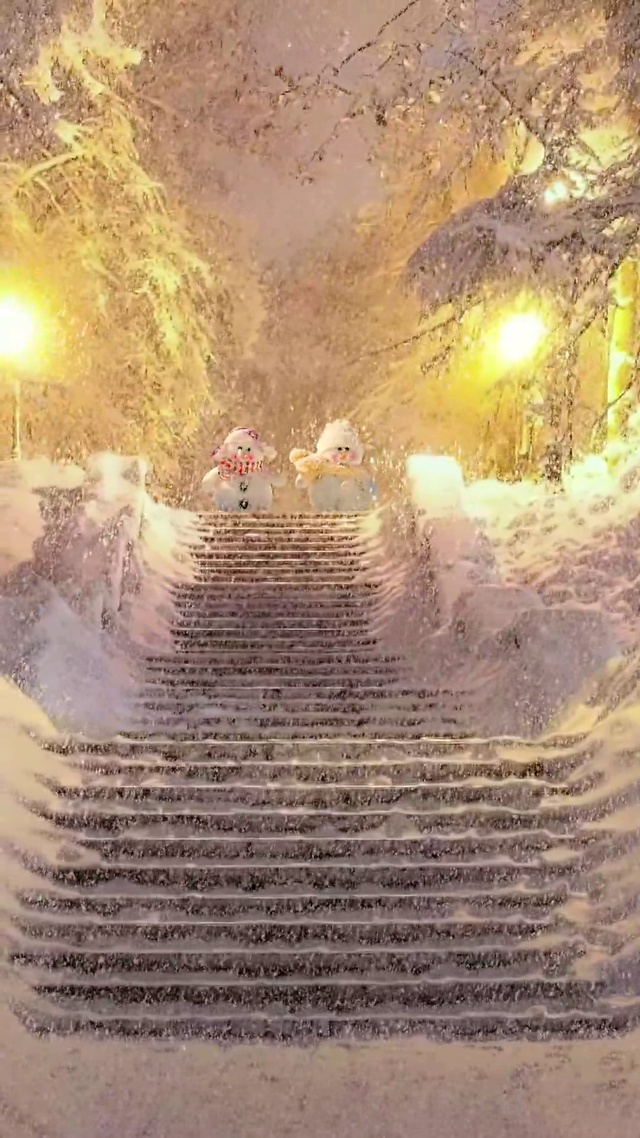 夜晚灯下情侣雪人