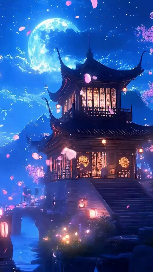 夜景古风樱花树木