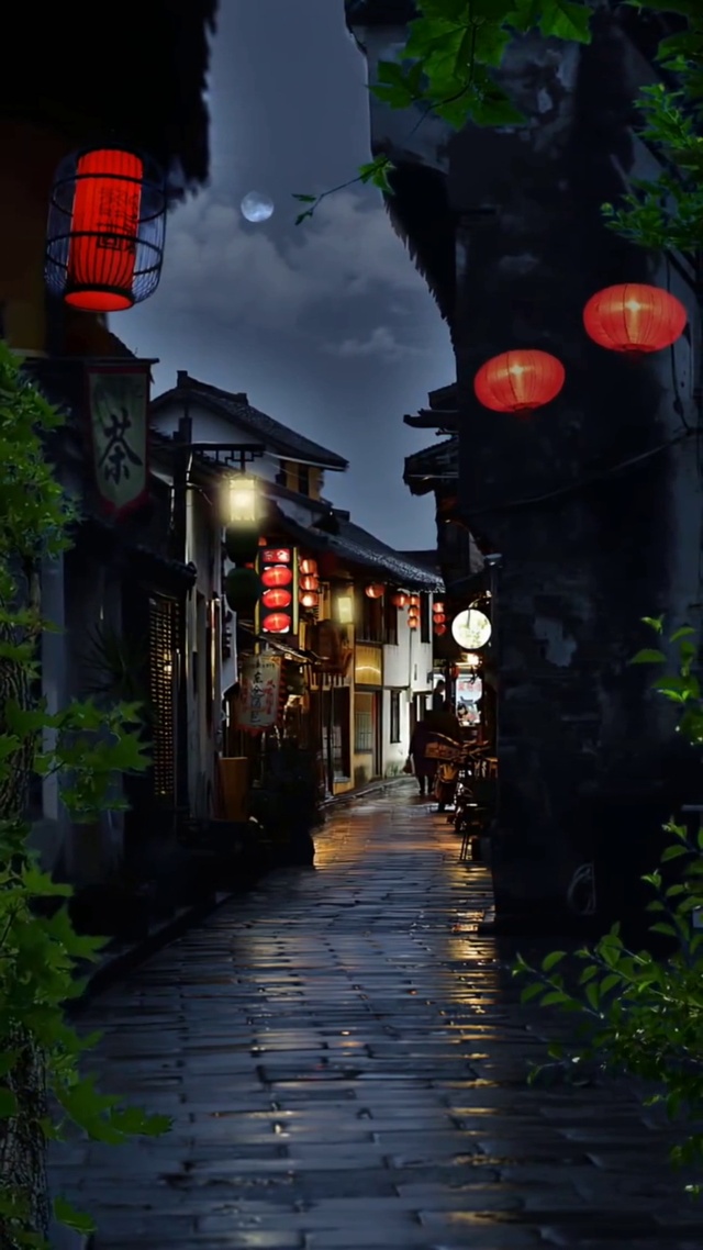深夜小巷，红灯满檐
