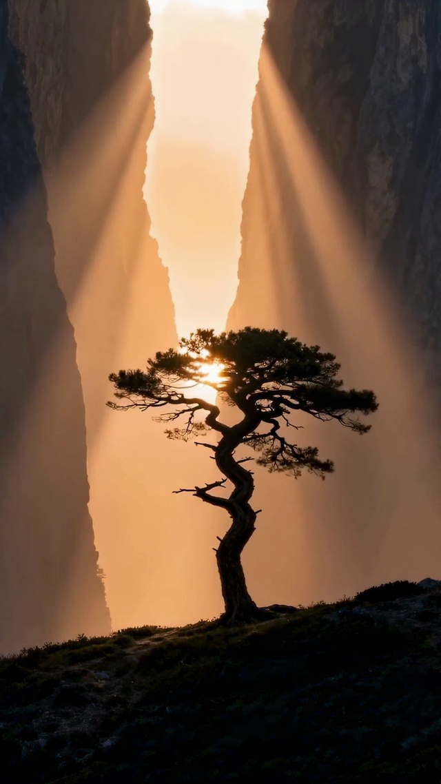 峡谷孤松唯美逆光风景
