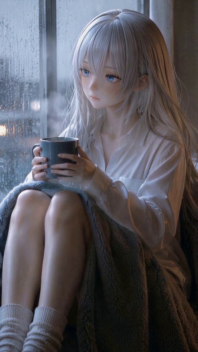 雨天窗边银发美少女
