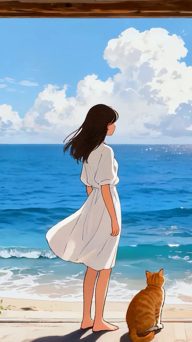 海景女孩与猫咪
