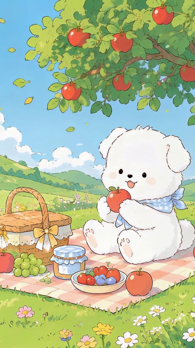 苹果树下野餐可爱小白熊