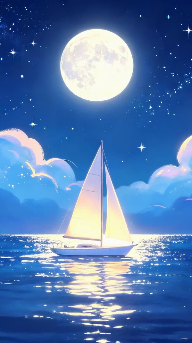 月夜星空蓝海帆船浪漫夜景