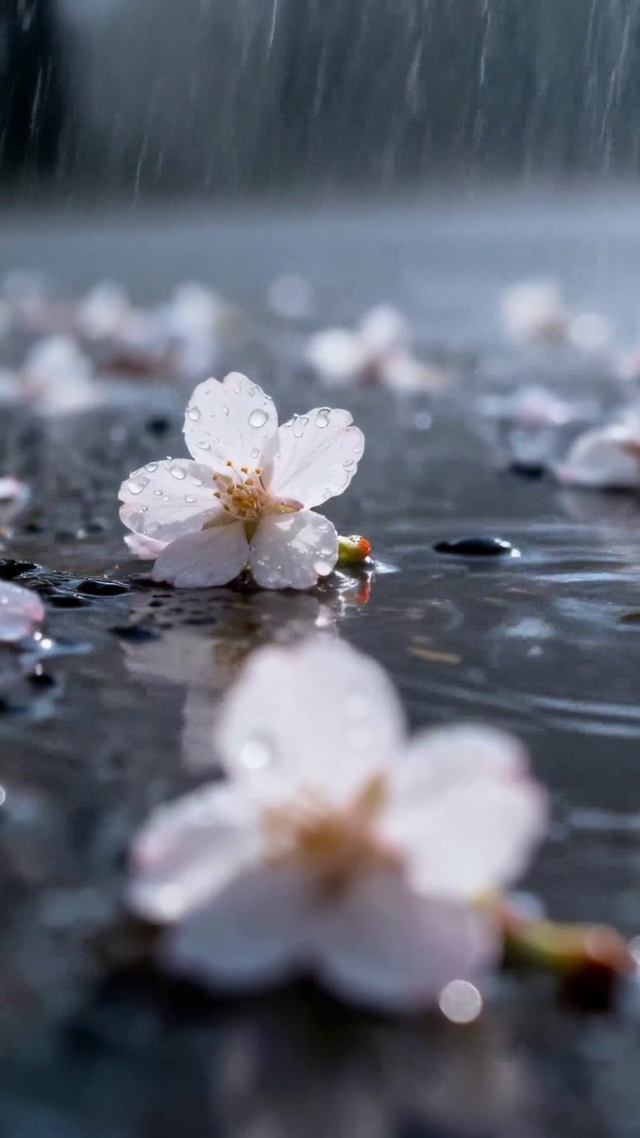 雨天落樱唯美风景