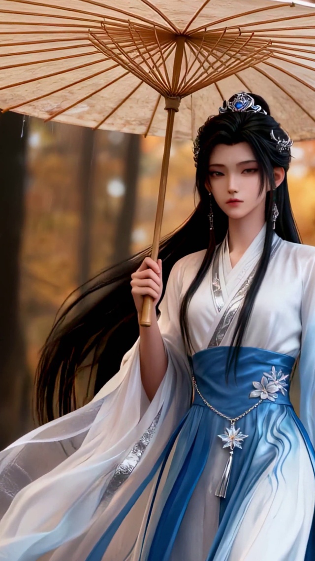 秋林雨幕下的佳人