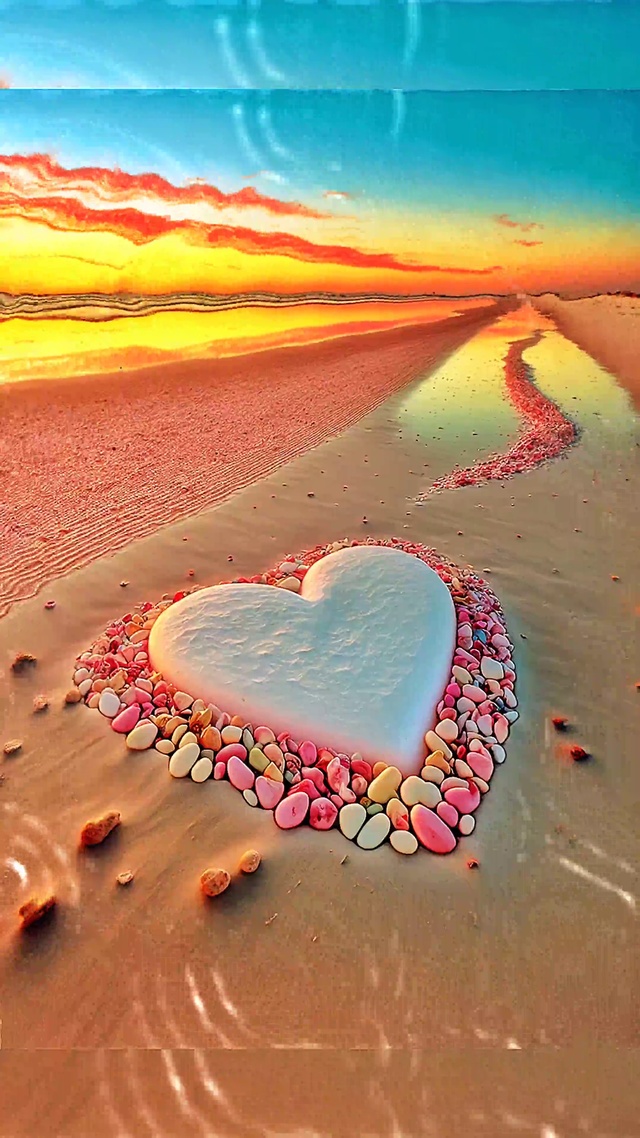 晚霞下的爱心沙滩