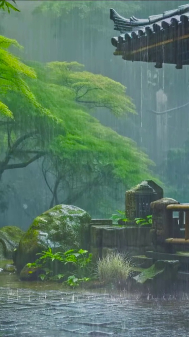 古风雨天江南小屋