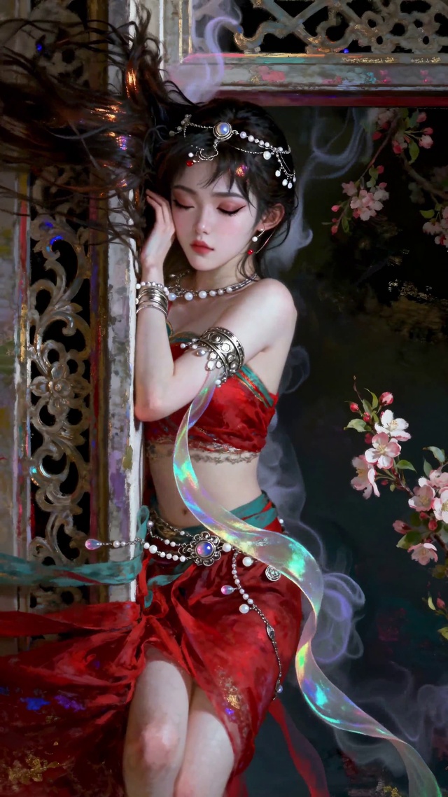 红衣古风美人卧栏赏樱