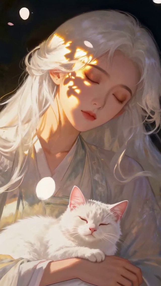 暖夜樱花白发古风美女抱猫
