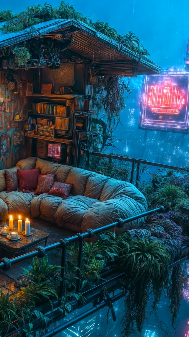 雨夜城市天台小屋