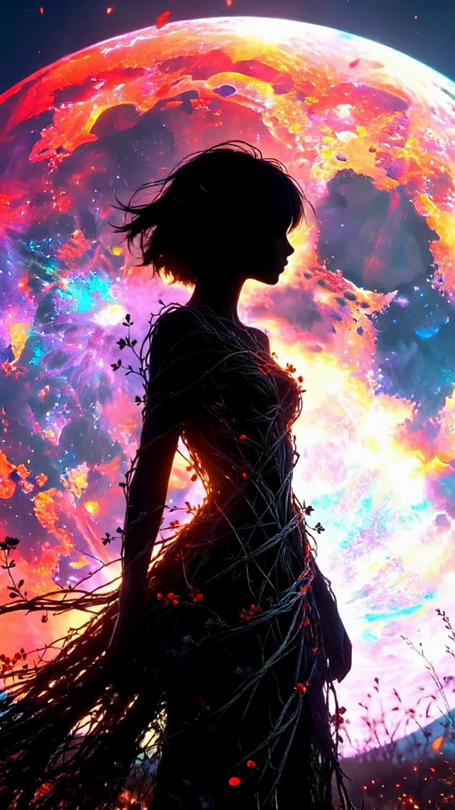 炫彩星球剪影少女