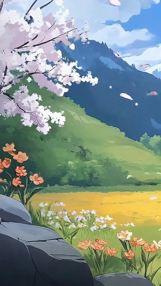 蓝天白云樱花树木河流