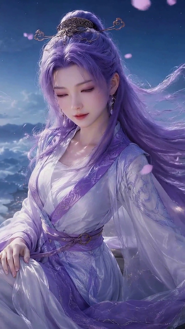 紫发古风女神月夜观景