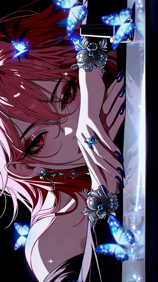 暗夜粉发红眸蓝蝶美少女