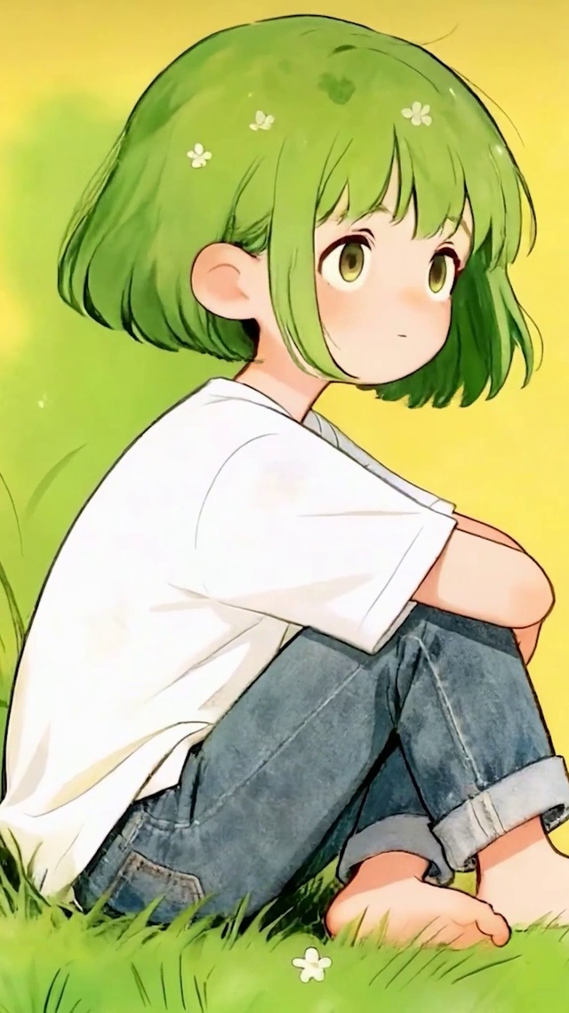 坐着草地女孩
