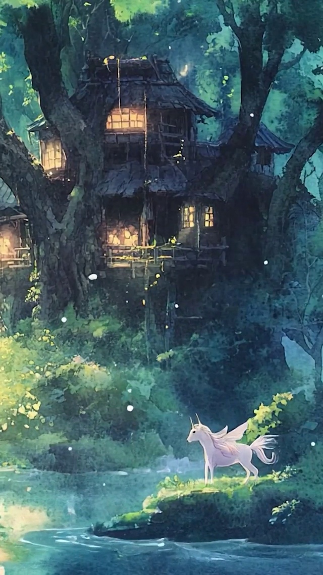 护眼绿景山中瀑布溪流